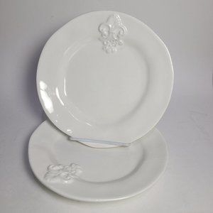 Set (2) salad plates FLEUR DE LIS White ceramic stoneware 9" Italy heavy new